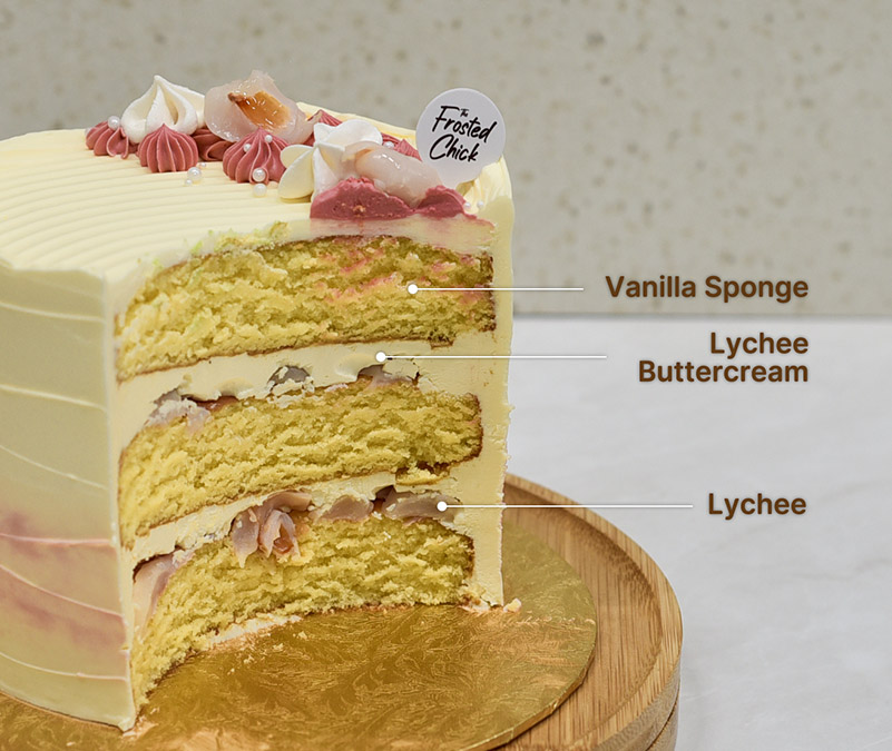 vanilla lychee buttercream cake slice