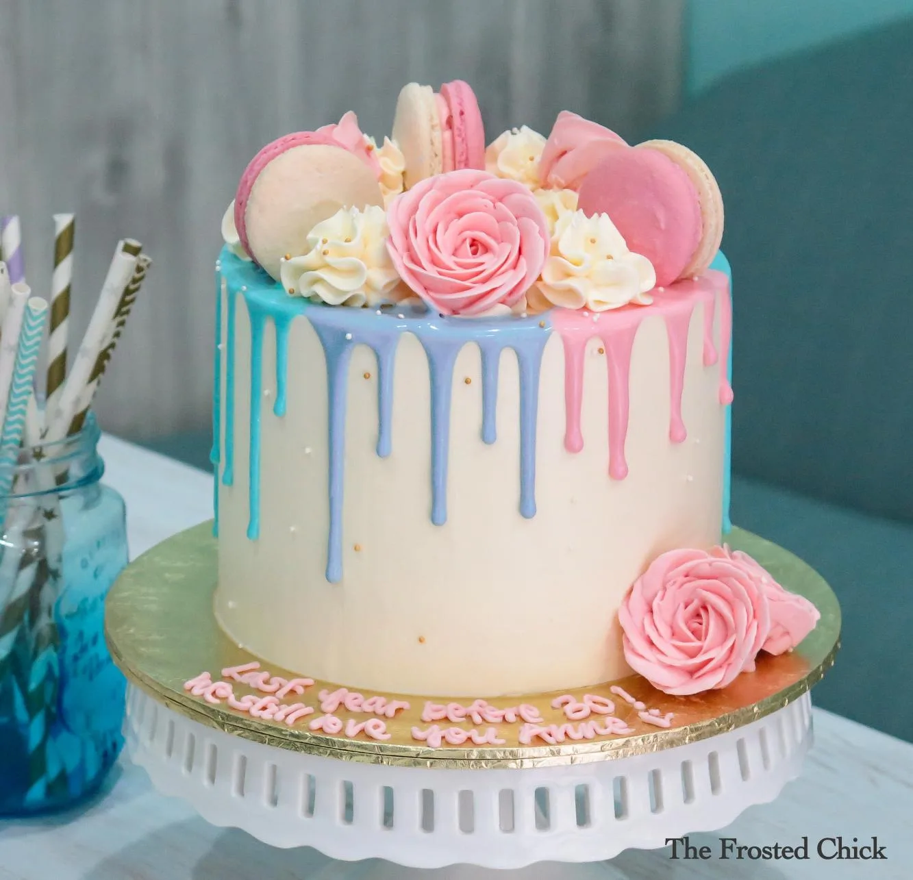 Rose & Macaron Pastel Drip Cake