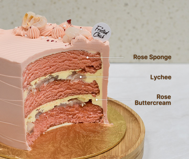 Lychee rose buttercream cake slice