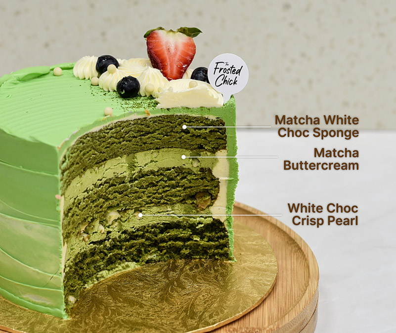 Matcha white chocolate buttercream cake slice