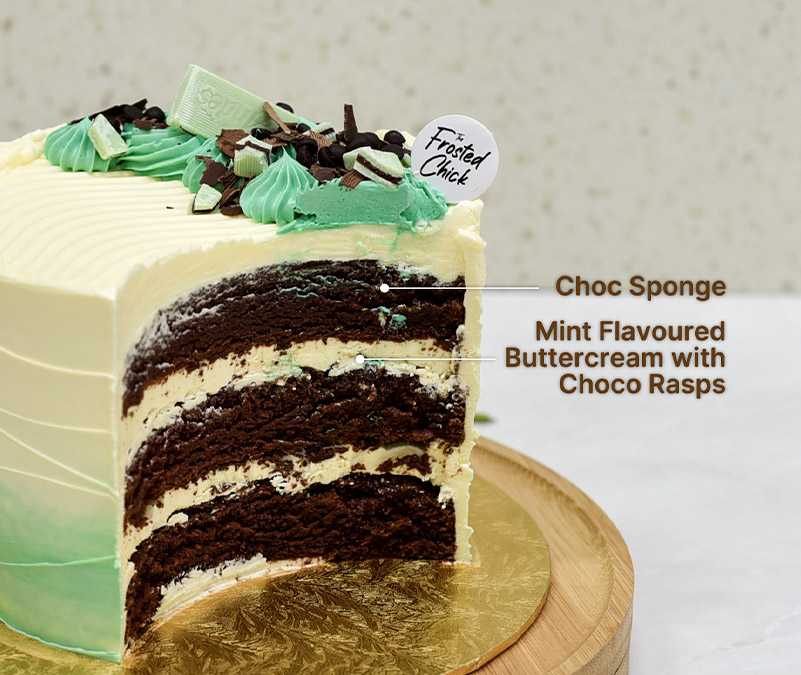 Mint chocolate chip buttercream cake slice