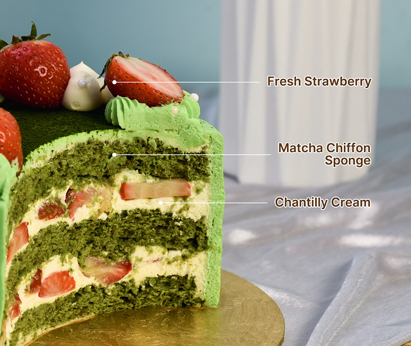 Matcha strawberry fresh cream cake slice