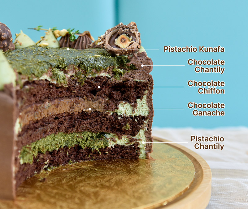 Pistachio kunafa chocolate fresh cream cake slice