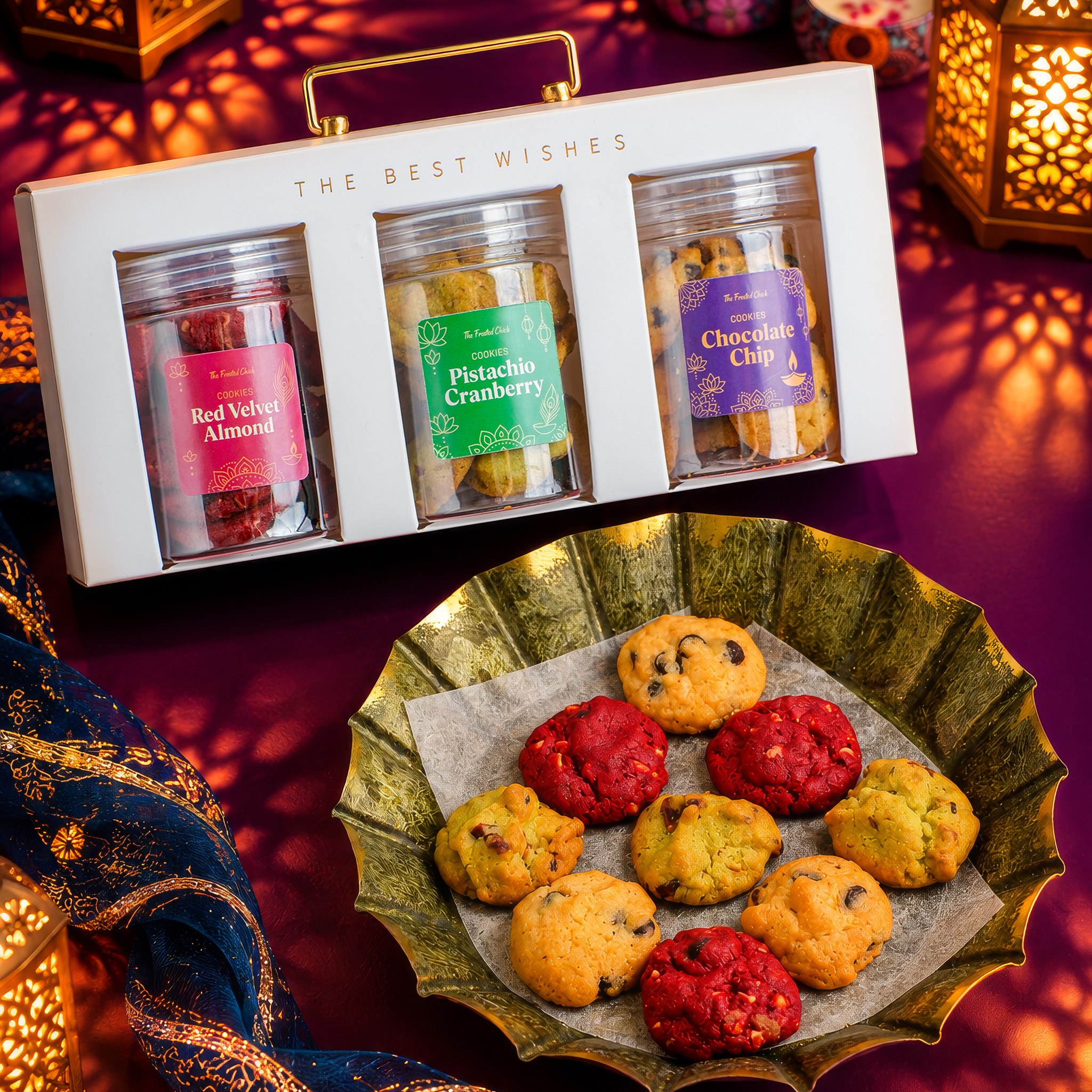 Deepavali cookie jar gift set with three jars of handmade cookies
