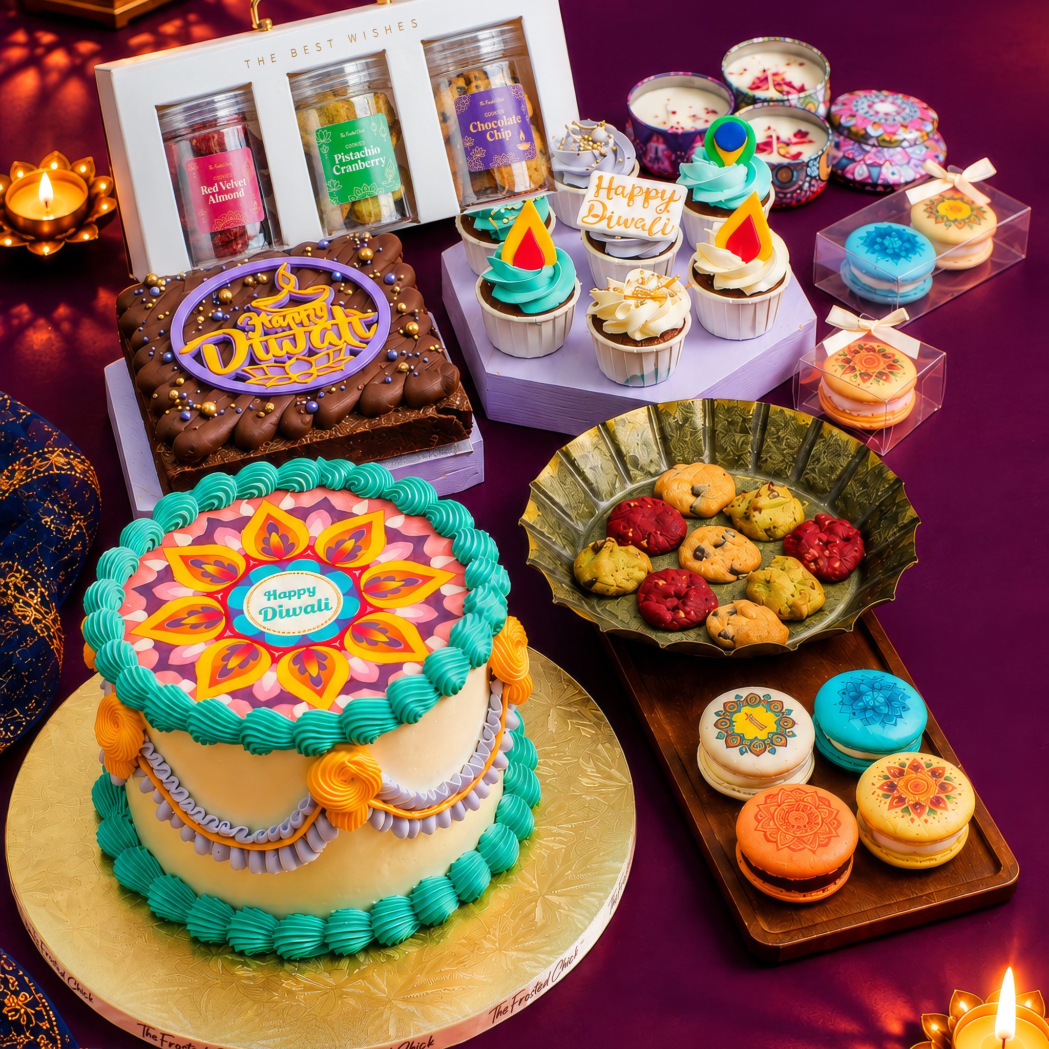 The Frosted Chick Deepavali collection: rangoli cake, brownie, cupcakes, macarons and cookies