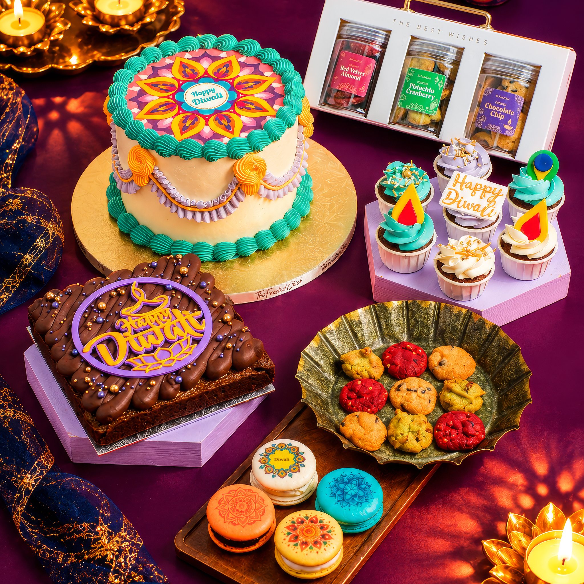 Deepavali cake, brownie, cupcakes, macarons and cookie jar set on purple