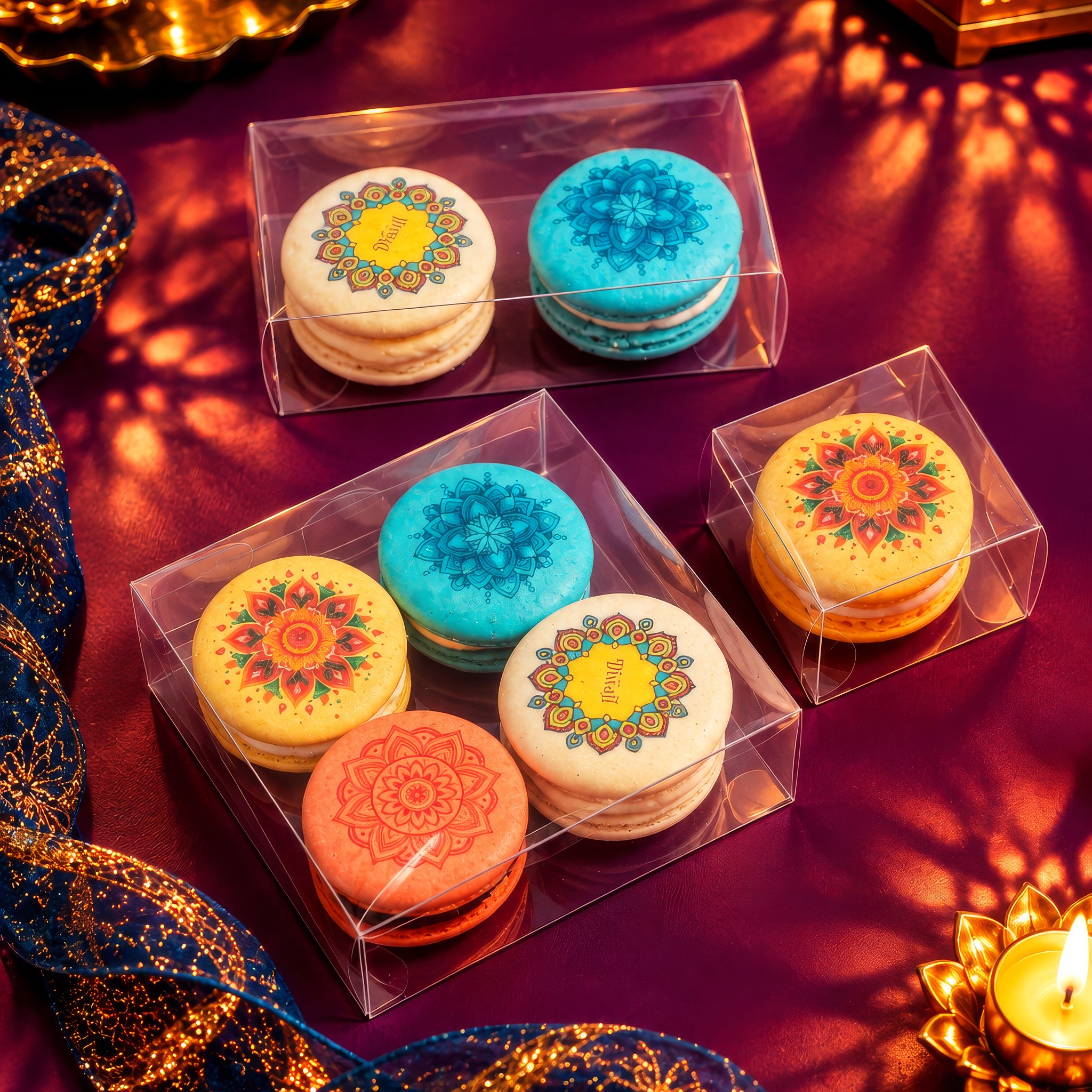Diwali mandala print macarons in clear boxes with ribbon