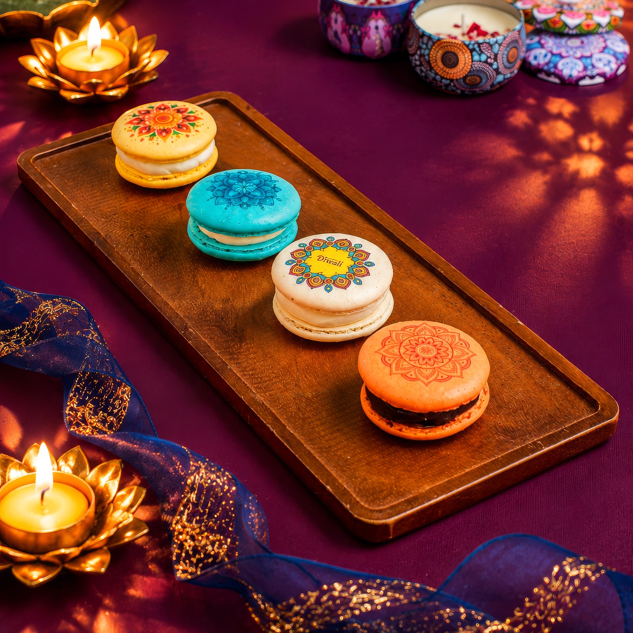 Four Diwali mandala macarons on a wooden tray