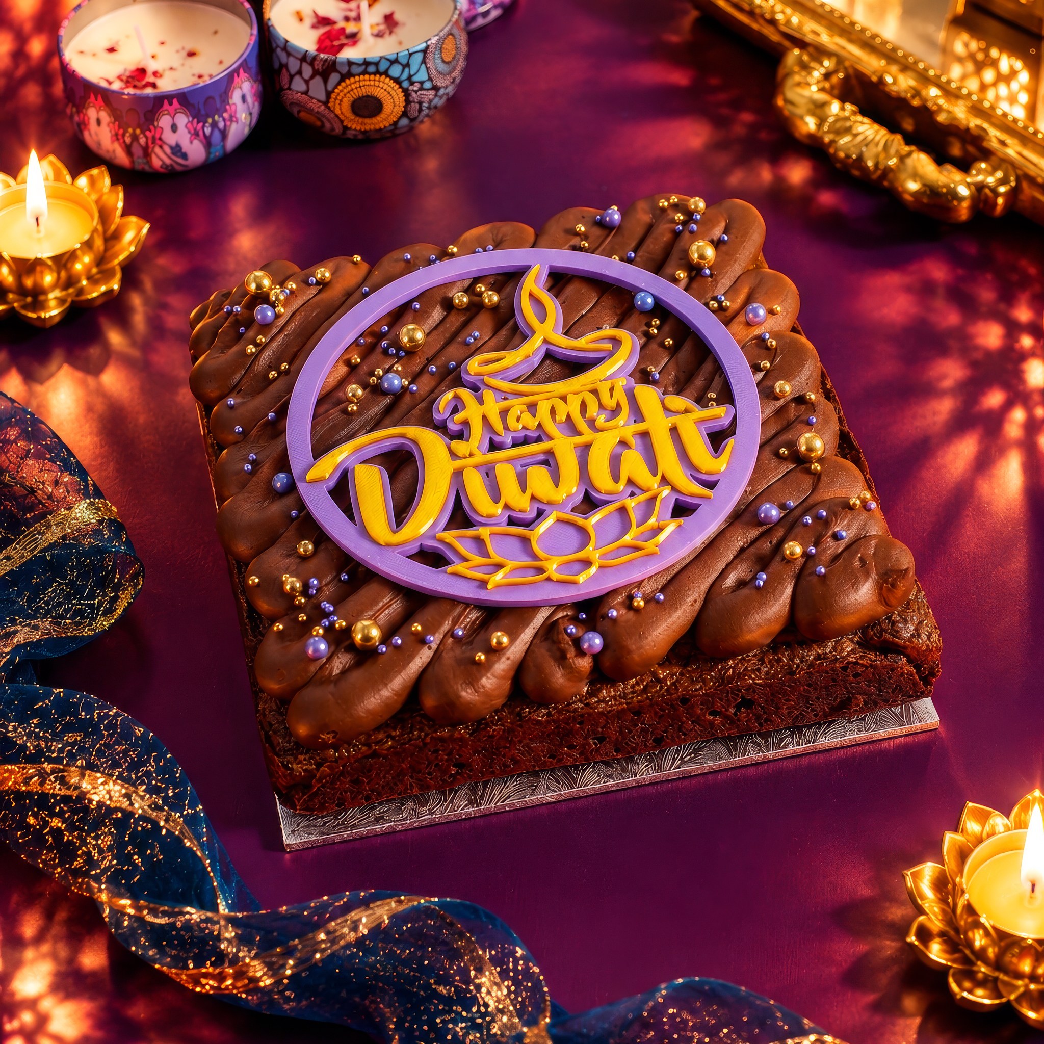 Happy Diwali brownie with chocolate piping and gold sprinkles