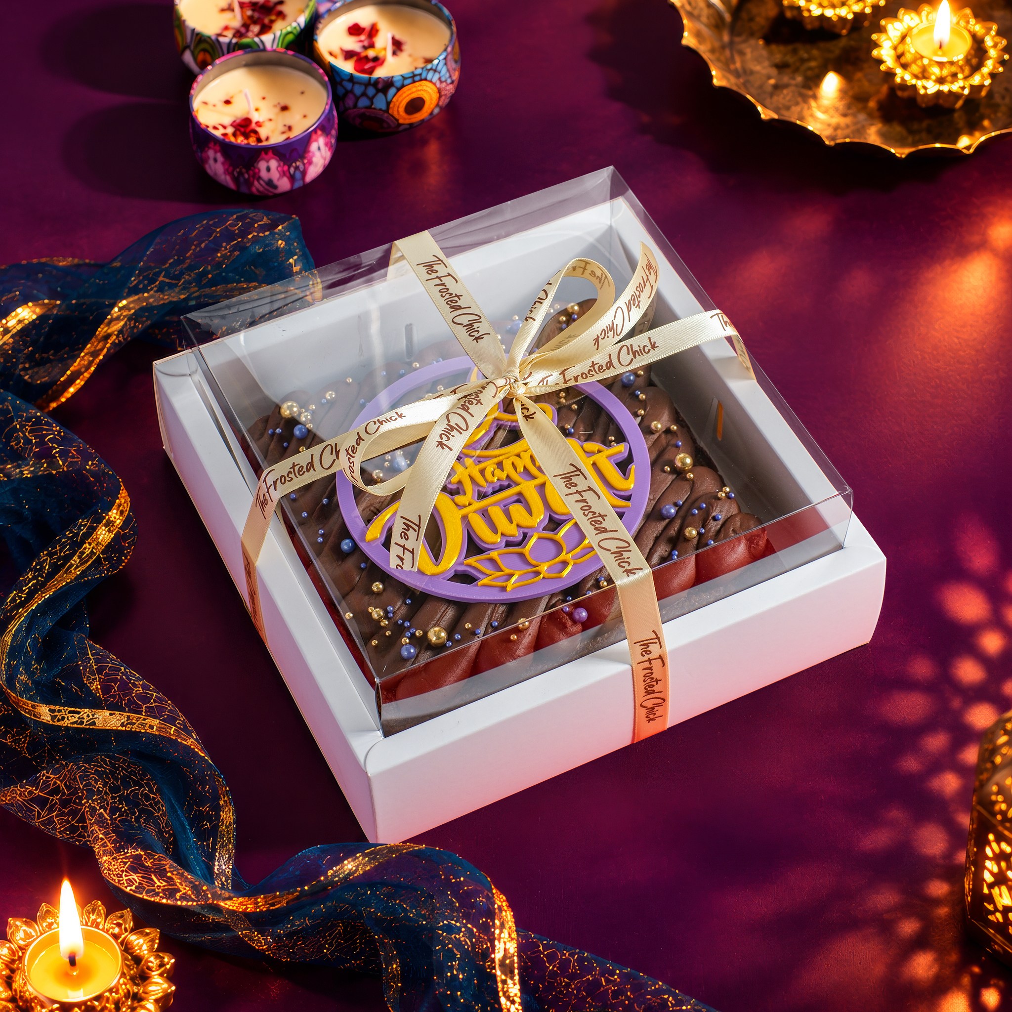 Happy Diwali brownie in a gift box with The Frosted Chick ribbon