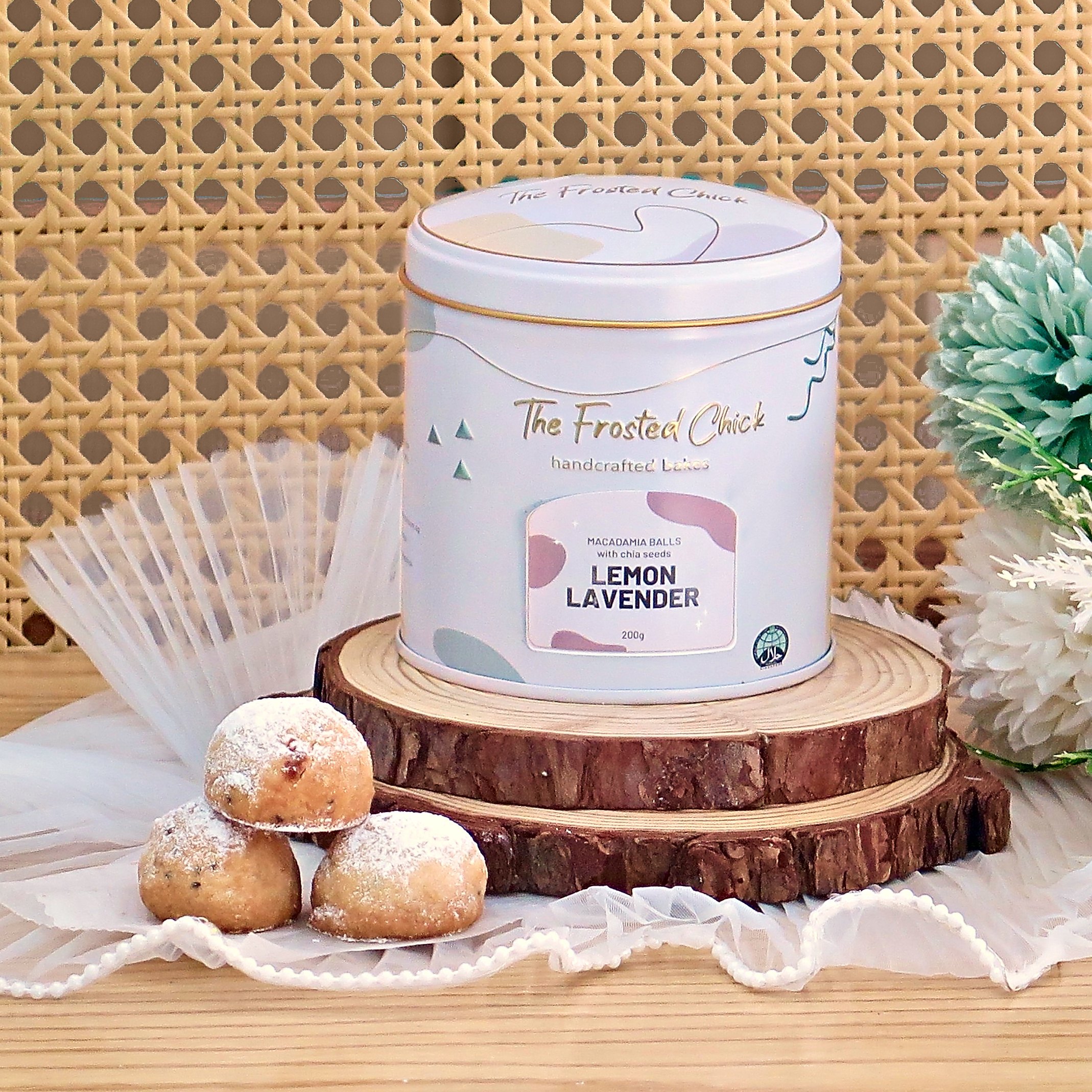 Lemon Lavender Macadamia Snowball Cookies tin with cookies – The Frosted Chick