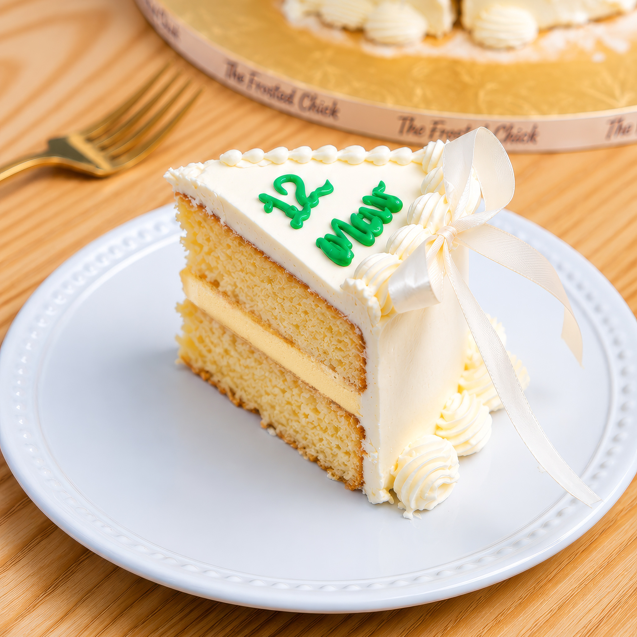 A single slice of Multi Birthdate Cake on a plate with its date piped on top