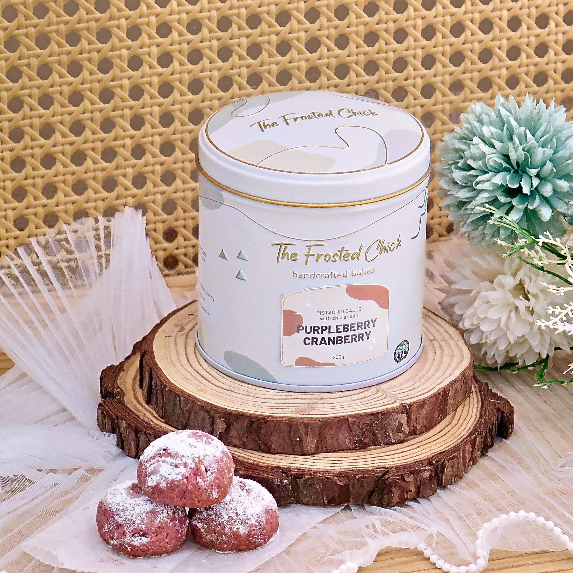 Purpleberry Cranberry Pistachio Snowball Cookies tin with cookies – The Frosted Chick
