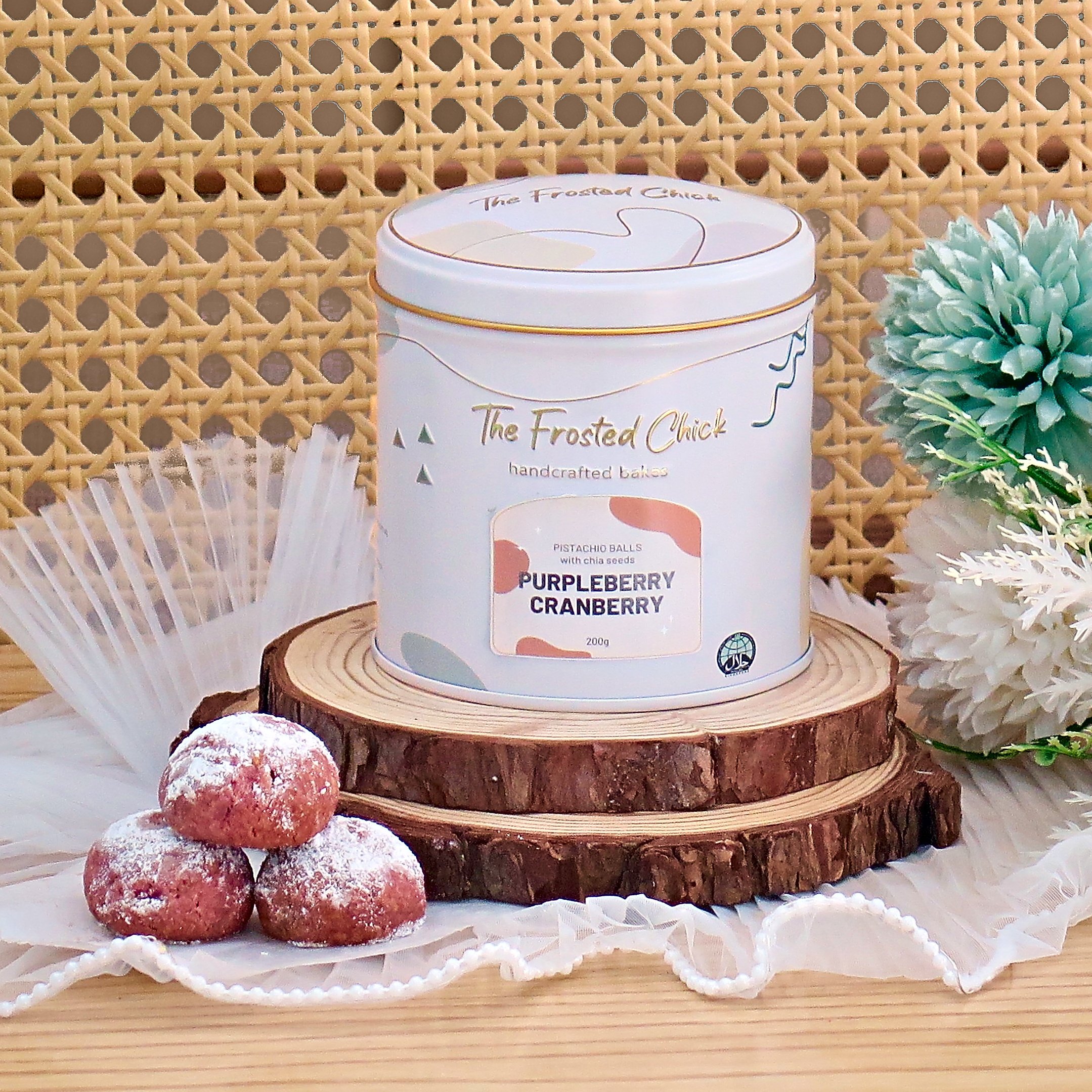 Purpleberry Cranberry Pistachio Snowball Cookies tin with cookies – The Frosted Chick